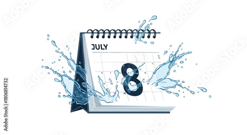 Watery date reminder: July 8th stands out amidst a refreshing aquatic splash animation showcasing calendar