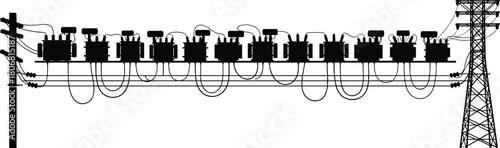 Vector Silhouette of Utility Pole, Transmission Tower and Array of Electrical Transformers on Overhead Power Lines for High Voltage Energy Grid Infrastructure