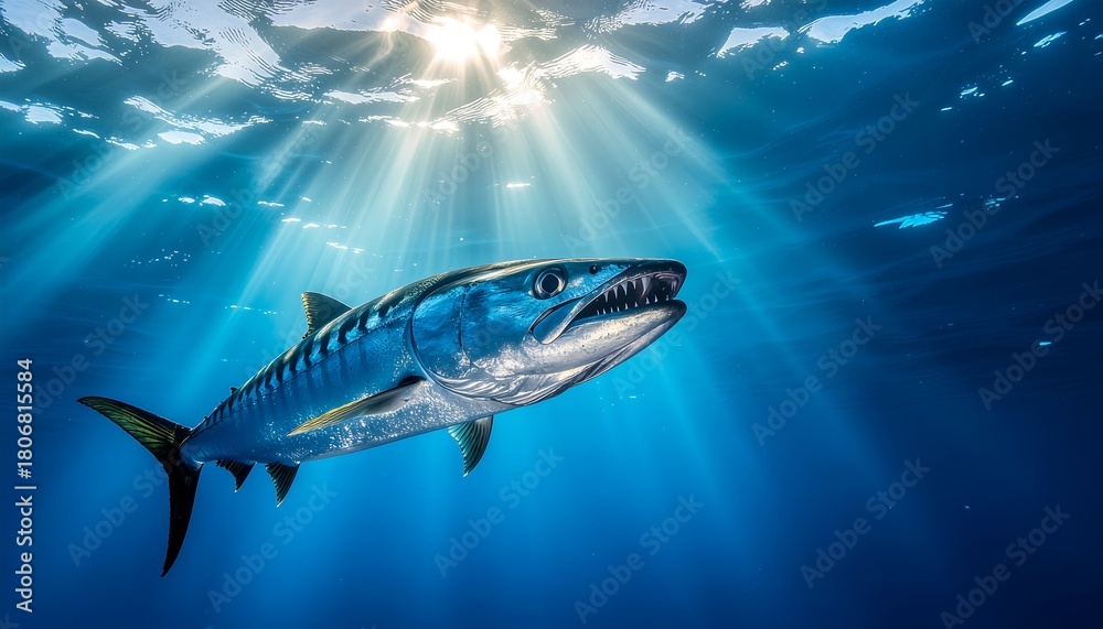 Fototapeta premium A barracuda swims in the ocean, sunlight streaming through the water above.