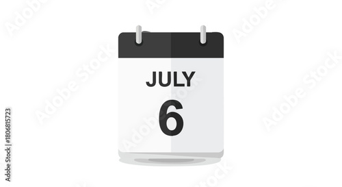 Stylized calendar illustration, marking the sixth day of July, presented in a flat design with a minimalist monochrome color scheme and light shadow