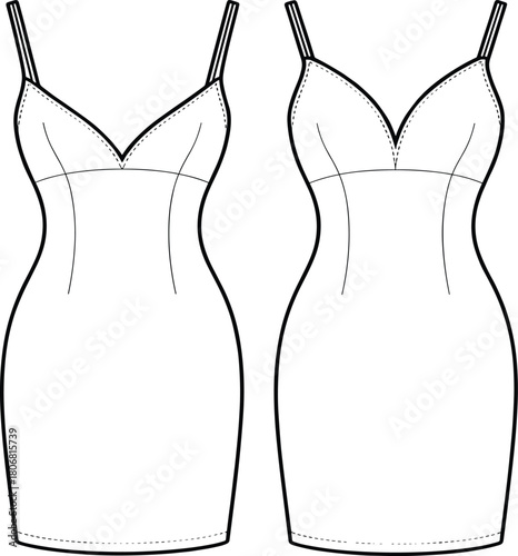 Spaghetti strap dress sketch, technical garment drawing, sweetheart neckline, princess seams, structured bodice, sewing pattern, apparel design, vector template