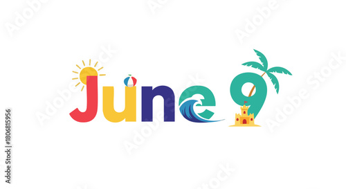 Celebrating June 9th with a Vibrant Beach Theme Featuring Sun, Sand, and Surf Elements, Creating a Cheerful and Summery Mood