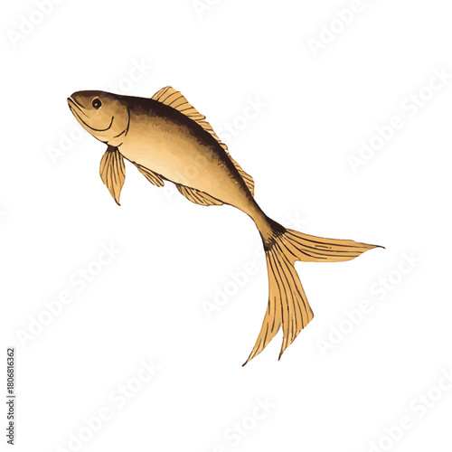 Little fishes hand drawn with ink on white glowing background. Traditional oriental ink painting sumi-e, u-sin, go-hua. Contains hieroglyph - double luck