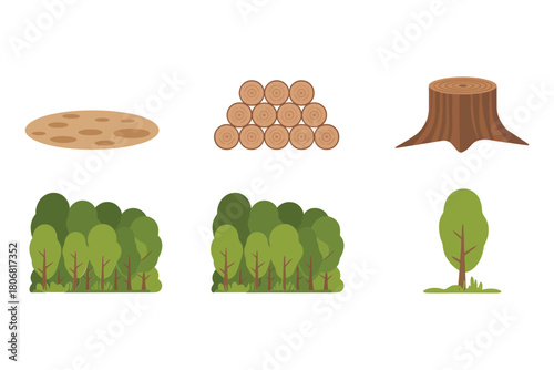 Forest assets collection, tree groups and saplings, wood slice, stacked logs, stump icon, replanting concept, nature vector