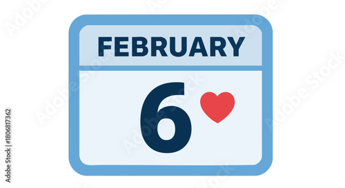 Stylized calendar icon displaying February 6th with a heart symbol, ideal for event reminder or special occasion marker illustration isolated on