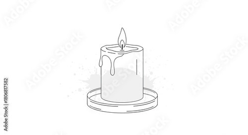 Minimalist black and white line art illustration of a single lit candle with melting wax on a saucer with a gray splash.