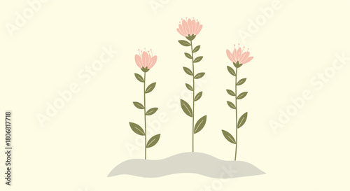 Simple and delicate illustration of three tall pink flowers with green stems and leaves growing on a light background.