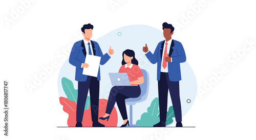 Business team concept with a woman working on a laptop and two male colleagues giving thumbs up for a successful project.