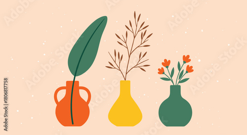 Modern minimalist illustration of three colorful vases holding a single leaf a branch and small flowers on a beige background.