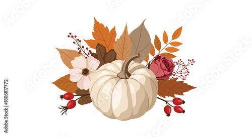 Elegant autumn composition featuring a white pumpkin surrounded by fall leaves flowers and rose hips on a white background.