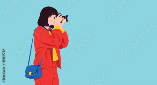 Faceless illustration of a female photographer in a bright red jacket taking a picture with a camera on a blue background.