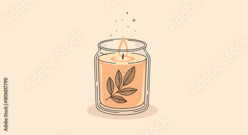 Minimalist and cozy illustration of a lit candle in a glass jar with a leaf design on a soft beige background design.