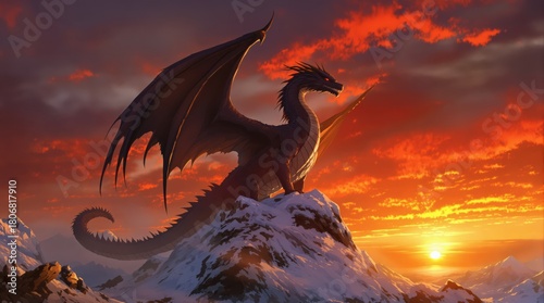 Majestic Dragon Perched on Snowy Mountain Peak at Fiery Sunset.