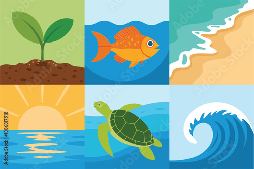 Beach and marine life squares, seedling soil, bright fish, coastal shoreline, turtle swimming, ocean wave, sunrise horizon, vector