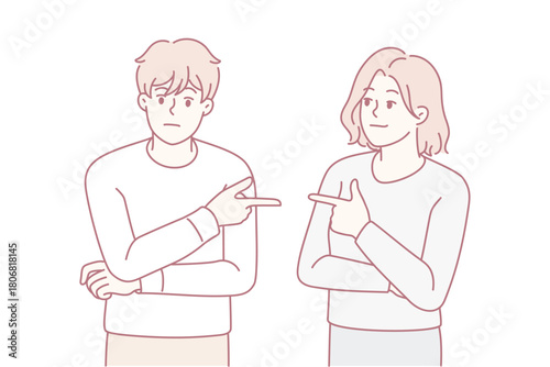 Couple point fingers at each other avoid responsibility in fight or argument. Stubborn man and woman put guilt on one another. Relationship problem. Vector illustration.