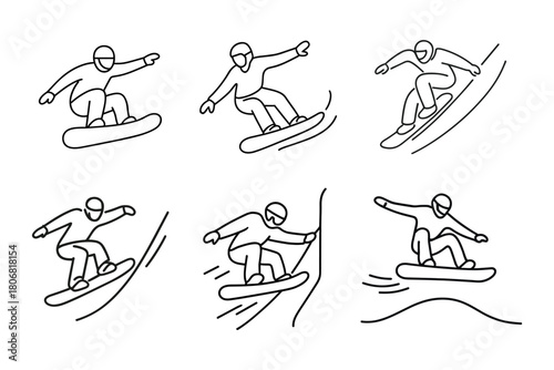 Collection of line art illustrations of snowboarders performing various tricks and maneuvers on snow-covered slopes.