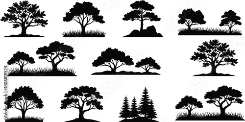 Collection of detailed tree silhouettes with grass and landscape elements, natural forest illustration set for design, nature artwork, outdoor themes