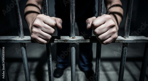 Prisión – las manos de un recluso sujetan los barrotes en un primer plano.