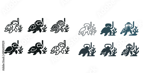 Minimalist turtle snorkeler icons collection in various styles