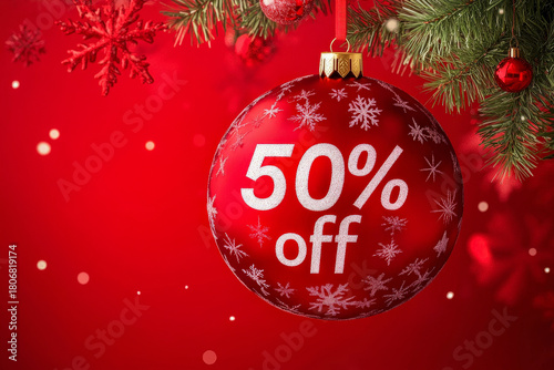 Christmas tree ball with 50% off. Christmas sale background. New year super sale. Retail promotions, discount events and social media marketing, big sale offer. Red festive background