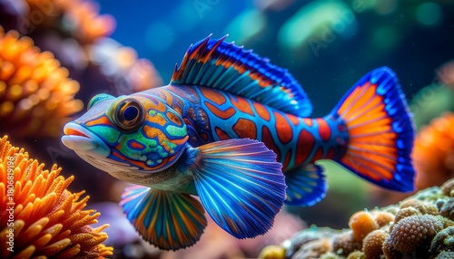 Fototapeta Naklejka Na Ścianę i Meble -  Vibrant mandarin fish swims in a coral reef with colorful anemones and other marine life.
