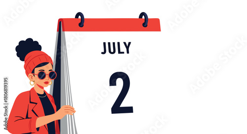 Stylish illustration marking July 2nd on a calendar with a contemporary woman character celebrating a special moment