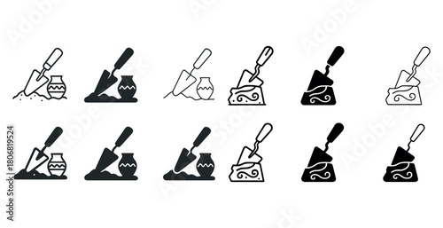 Archeology icon set featuring trowel and artifact illustrations