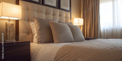 A neatly made bed with a white headboard, beige pillows, and a beige comforter, with a wooden nightstand and a lamp on each side.