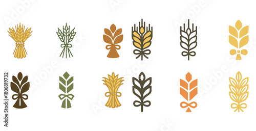 Assorted stylized sheaves of wheat icons in various colors and designs
