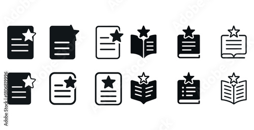 Set of starred document and book icons in various styles on white background