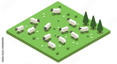 Isometric pasture with sheep and trees on green meadow