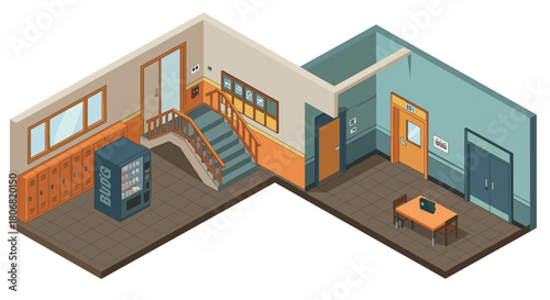 Isometric school hallway with staircase, lockers, and vending machine