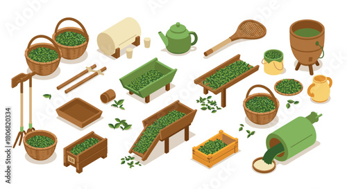 Isometric tea processing equipment and leaves on white background