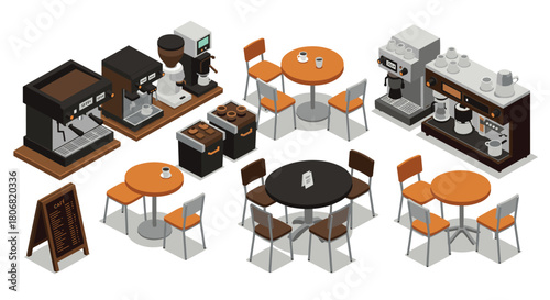 Isometric coffee shop interior with furniture and equipment