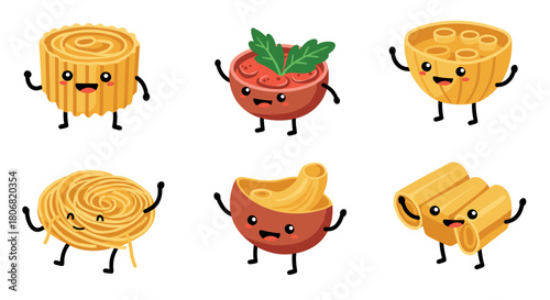 Cute cartoon pasta characters with playful expressions and gestures