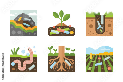 Urban runoff and microplastics, road traffic above soil, roots and worms, infiltration pathways, ecosystem contamination infographic vector
