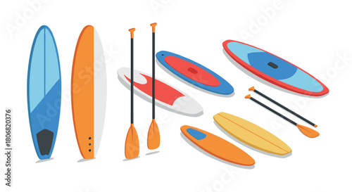 Colorful paddleboards and paddles in flat design for water adventure enthusiasts