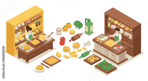 Isometric kitchen scene with people making homemade pasta and fresh ingredients