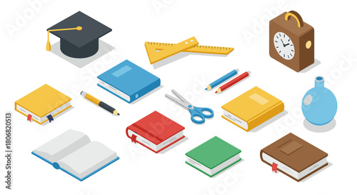 Isometric nature scene with swans in pond and rustic cabin