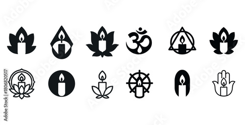 Collection of candle and spiritual symbols including lotus and om designs