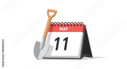 A shovel and calendar highlight May 11th, symbolizing upcoming groundbreakings and beginnings illustrating preparation and anticipation on a clean