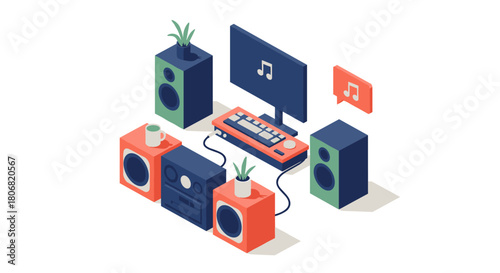 Innovative isometric office space with futuristic technology and robotics in blue and orange tones