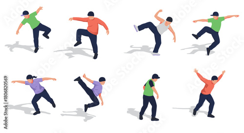 Dynamic flat style breakdance poses with diverse outfits and movements