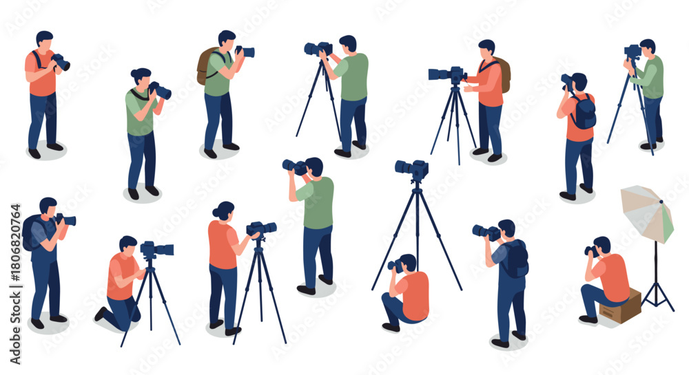Obraz premium Diverse photographers in action with cameras and tripods in an isometric style