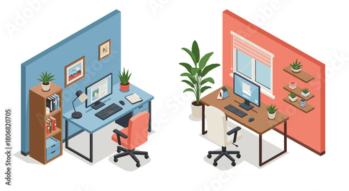 Isometric workshop scene with woodworkers assembling furniture pieces