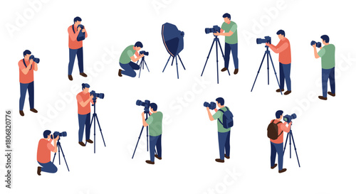 Isometric photographers at work with tripods and cameras