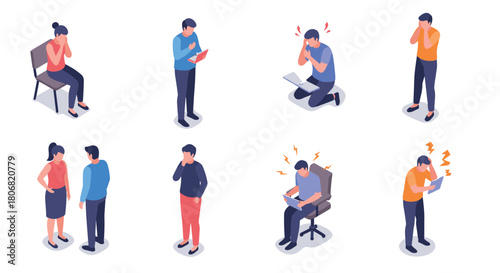 Isometric people expressing emotions in various situations and activities