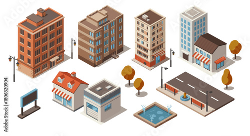 Isometric urban building set with trees and street elements