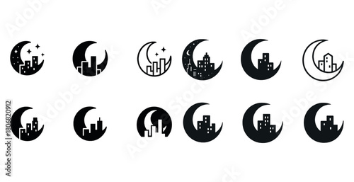 Collection of crescent moon and city silhouette icons in various styles