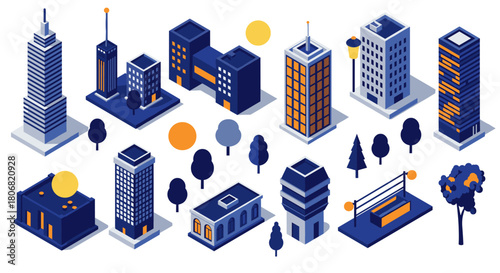 Isometric urban cityscape with modern buildings and trees in minimalist style